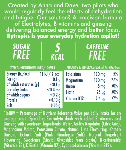 Nutritional information and product details of Hytropics Lime & Grapefruit.