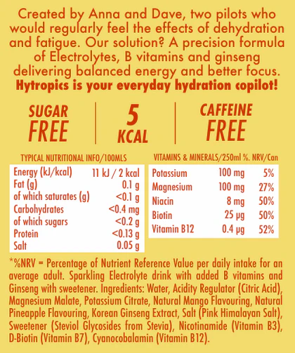 Nutritional label for a sugar-free, caffeine-free drink with electrolytes and vitamins. Hytropics Mango & Pineapple 250ml.