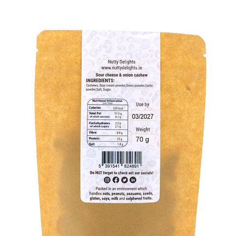 Back of a Nutty Delights package with nutritional information and ingredients listed.