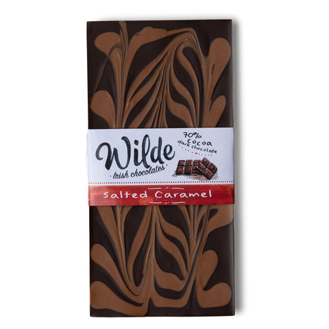 Salted Caramel Dark Choc bar with marbled design and 'Wilde Irish Chocolates' label on a white background